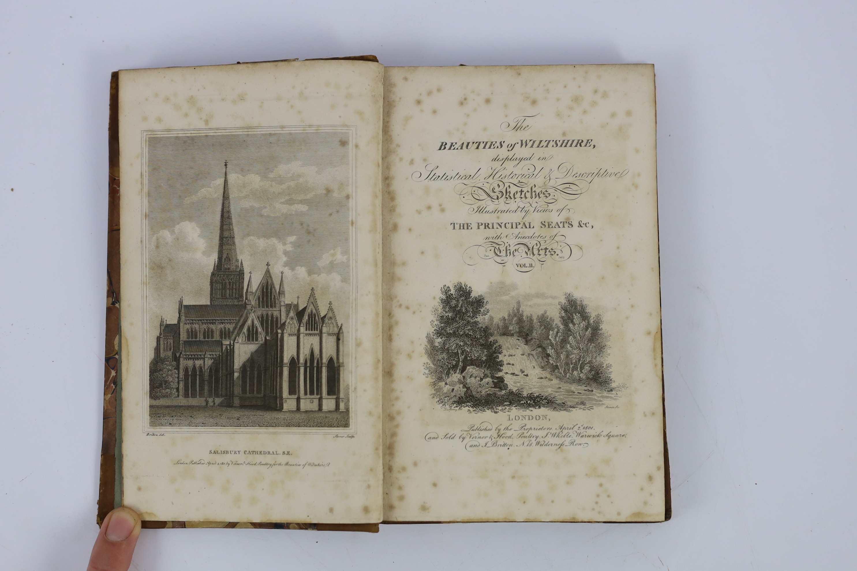 WILTS: (Britton, John) The Beauties of Wiltshire ... interspersed with anecdotes of the arts. 2 vols. engraved pictorial and printed titles, 14 plates; contemp. half calf and marbled boards, gilt-panelled spines and marb
